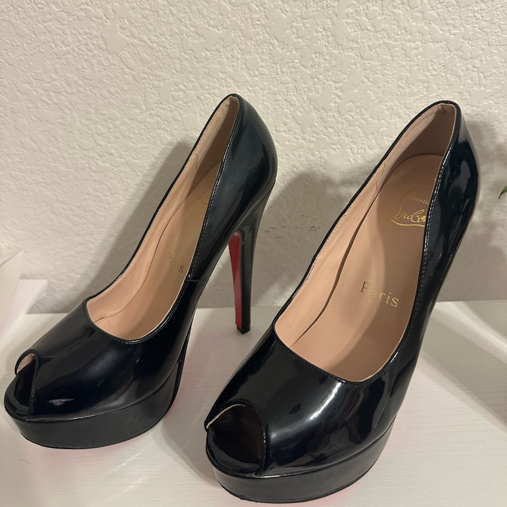 Christian Louboutin Fetish Peep 130 Black Patent Platform Sandal Heel Pump - Picture 5 of 10